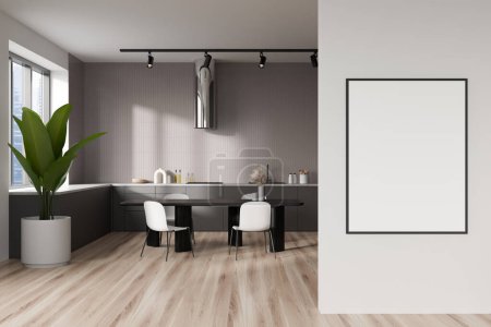 Foto de Interior de la cocina blanca con sillas y mesa de comedor. Comer y cocinar espacio con muebles modernos y ventana, piso de madera. Simular cartel antes de la entrada, representación 3D - Imagen libre de derechos