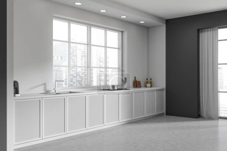 Foto de Interior de la cocina blanca con terraza y utensilios de cocina, vista lateral, suelo de hormigón gris. Ventana panorámica con cortinas en vista a la ciudad de Singapur. Renderizado 3D - Imagen libre de derechos