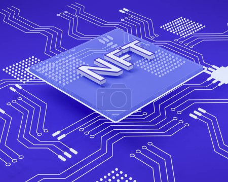 Photo for NFT and computer processor microchip, bright blue background. Circuit lines, graphics and mining. Concept of e-business and cryptocurrency. 3D rendering - Royalty Free Image