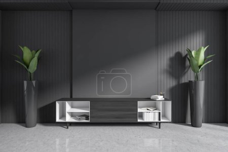 Photo for Dark office interior with sideboard and books on rack, two plants on grey concrete floor, minimalist decoration in business hall. Mockup empty wall, 3D rendering - Royalty Free Image