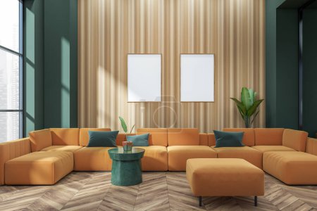 Photo for Living room interior with orange sofa and pouf on hardwood floor. Panoramic window on Singapore city view. Two mockup posters on wooden wall. 3D rendering - Royalty Free Image