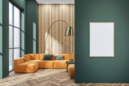 Photo for Stylish living room interior with orange sofa and coffee table, hardwood floor. Panoramic window on Singapore city view. Mockup poster on green wall before entrance. 3D rendering - Royalty Free Image