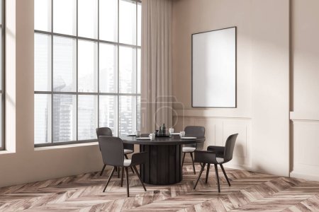 Photo for Beige dining room interior with black chairs and eating table, hardwood floor, side view. Panoramic window on Singapore city view. Mock up canvas on wall, 3D rendering - Royalty Free Image