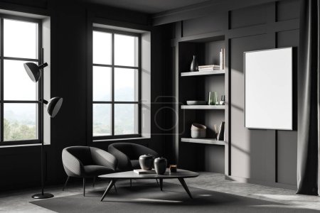 Photo for Dark living room interior with two armchairs and coffee table, side view, shelf with art decoration, panoramic window on countryside. Mock up blank poster. 3D rendering - Royalty Free Image