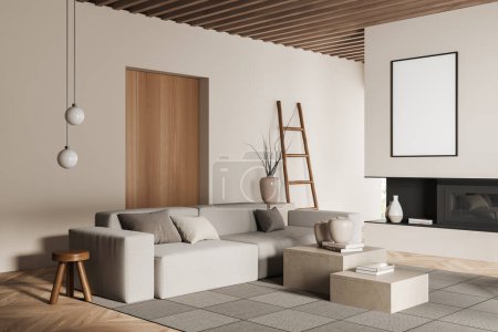 Photo for Beige living room interior with sofa, side view, fireplace and coffee table with decoration on carpet, carpet on hardwood floor. Mockup poster, 3D rendering - Royalty Free Image