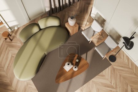 Téléchargez les photos : Vue de dessus de la lumière salon intérieur avec canapé et deux fauteuils, table basse avec décoration, tapis sur plancher de bois franc. rendu 3D - en image libre de droit
