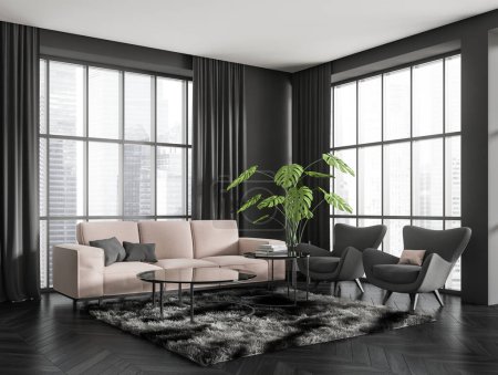 Photo for Dark living room interior with sofa and two armchairs, side view, coffee table with decoration on carpet, dark hardwood floor. Panoramic window on Singapore city view. 3D rendering - Royalty Free Image