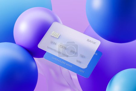 Photo for Two bank credit card for payment and purchase, abstract geometric background. Concept of purchase and transaction. 3D rendering - Royalty Free Image
