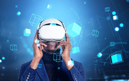 Photo for African businessman portrait in vr glasses, digital hologram of information fields and blocks, virtual reality. Concept of blockchain and big data - Royalty Free Image