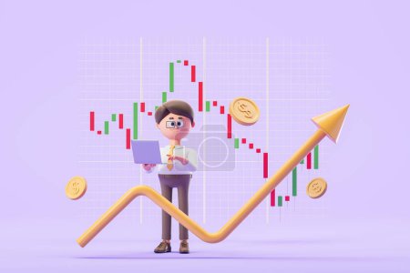 Photo for 3d rendering. Cartoon character businessman with computer, financial graph and forex candlesticks with dollars falling, purple background. Concept of trading and analytics, illustration - Royalty Free Image