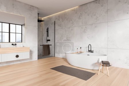 Téléchargez les photos : Salle de bains moderne de l'hôtel intérieur avec lavabo, douche derrière cloison en verre et baignoire avec accessoires. Coin de bain élégant avec un design moderne. rendu 3D - en image libre de droit