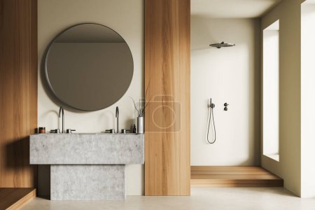 Téléchargez les photos : Intérieur de salle de bain beige avec double lavabo et douche sur podium, fenêtre et accessoires de bain. Zone de baignade minimaliste de l'hôtel avec un design moderne. rendu 3D - en image libre de droit