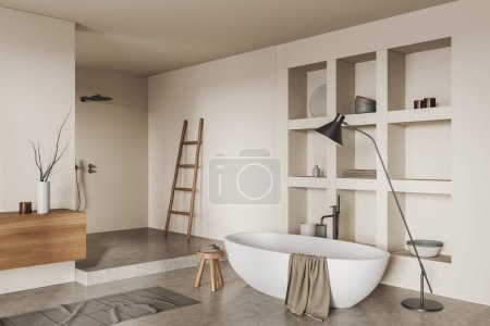 Téléchargez les photos : Intérieur de salle de bain beige avec baignoire, douche latérale sur podium et étagère à la décoration minimaliste. Coin baignade dans un appartement d'hôtel de luxe. rendu 3D - en image libre de droit