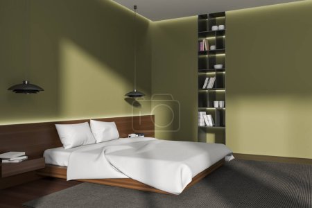 Foto de Dormitorio verde cama interior en la alfombra, vista lateral piso de madera. Esquina para dormir y estante minimalista con libros y decoración. Mockup copia espacio de la pared. Renderizado 3D - Imagen libre de derechos