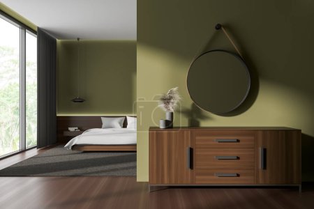 Green hotel bedroom interior with mirror and chest of drawers, bed behind partition on carpet. Panoramic window on tropics. 3D rendering