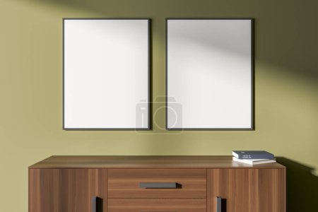 Photo for Two vertical mock up poster frames hanging on green wall above dark wooden cabinet with books. Concept of advertising. 3d rendering - Royalty Free Image