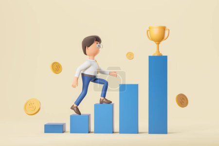 Photo for 3d rendering. Cartoon character man stepping on blue career ladder, champion cup on the top. Concept of development, work and reward - Royalty Free Image