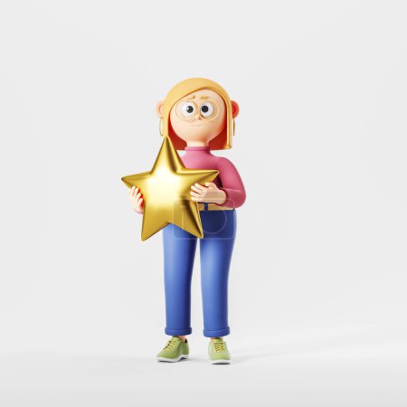Téléchargez les photos : Rendement 3D. Jeune femme de dessin animé tenant une grande étoile d'or. Concept de notation des commentaires des clients et illustration des commentaires des clients. - en image libre de droit
