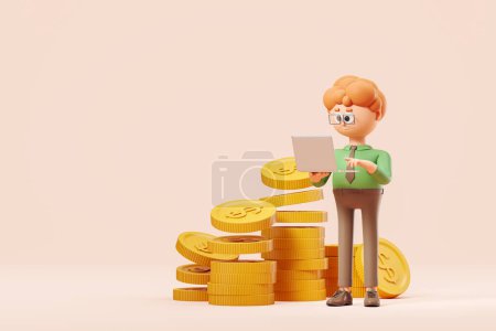Photo for Businessman with red hair and laptop standing near stacks of dollar coins over peach background. Concept of investment and financial success. 3d rendering - Royalty Free Image