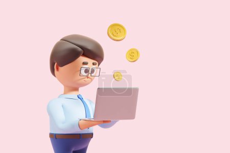 Photo for 3d rendering. Cartoon character man working with laptop, falling gold money on pink background. Concept of distance work and freelancer illustration - Royalty Free Image
