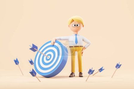 Photo for Businessman with blond hair and glasses standing near blue and white target with arrows around it and with it over yellow background. Concept of business goal achievement. 3d rendering - Royalty Free Image