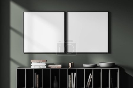 Photo for Dark gallery room interior with drawer and stylish art decoration with books, minimalist scandinavian design. Two mock up canvas square poster in row. 3D rendering - Royalty Free Image