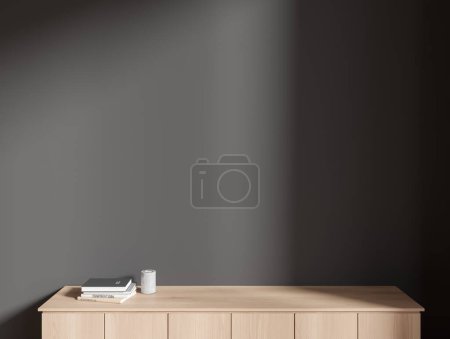 Photo for Gray mock up wall with light wooden cabinet standing near it. Concept of product placement and advertising. 3d rendering - Royalty Free Image
