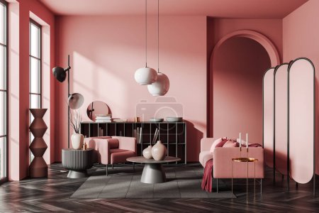 Téléchargez les photos : Salon rose intérieur avec canapé et table basse, étagère avec décoration d'art et bibliothèque. Espace froid moderne avec fenêtre panoramique. rendu 3D - en image libre de droit