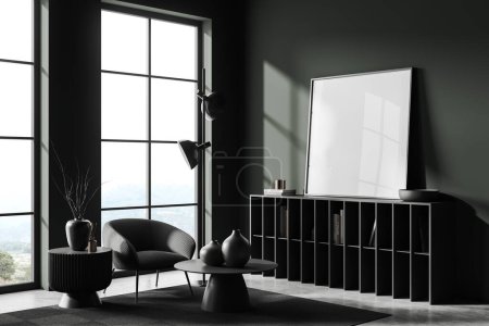 Photo for Dark living room interior with armchair, drawer and stylish art decoration with panoramic window. Minimalist relax corner and mock up canvas poster. 3D rendering - Royalty Free Image