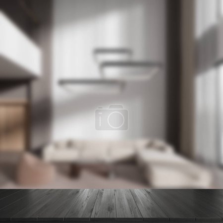 Foto de Mesa de madera negra sobre fondo de borrosa sala de estar interior con sofá y estante con decoración. Espacio de copia de burla para la visualización del producto. Renderizado 3D - Imagen libre de derechos