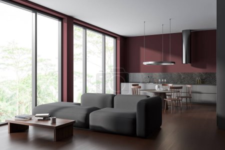 Photo for Interior of modern living room with red walls, dark wooden floor, gray sofa and kitchen with dining table and gray cabinets. Panoramic window with blurry mountain view. 3d rendering - Royalty Free Image