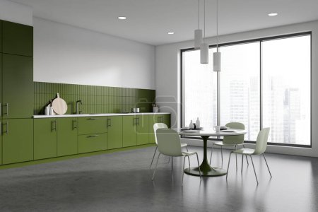 Foto de Interior de la cocina blanca y verde con mesa y sillas, zona de cocina vista lateral con armario y utensilios de cocina. Ventana panorámica sobre rascacielos. Renderizado 3D - Imagen libre de derechos