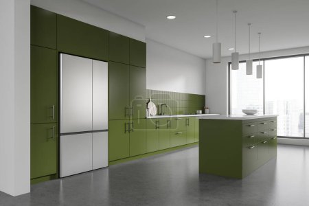Photo for Interior of stylish kitchen with white walls, concrete floor, green cupboards and cabinets, green island and big fridge. Window with blurry cityscape. 3d rendering - Royalty Free Image