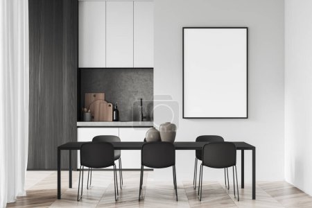 Foto de Interior de la elegante cocina con paredes blancas, suelo de madera, gabinetes blancos y de madera, mesa de comedor larga y la maqueta vertical de póster. renderizado 3d - Imagen libre de derechos