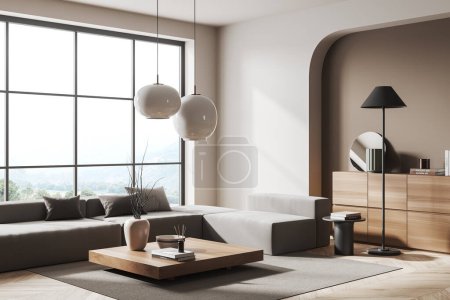 Photo for Corner of stylish living room with white and beige walls, wooden floor, gray sofa, square table and panoramic window with blurry mountain scenery. 3d rendering - Royalty Free Image
