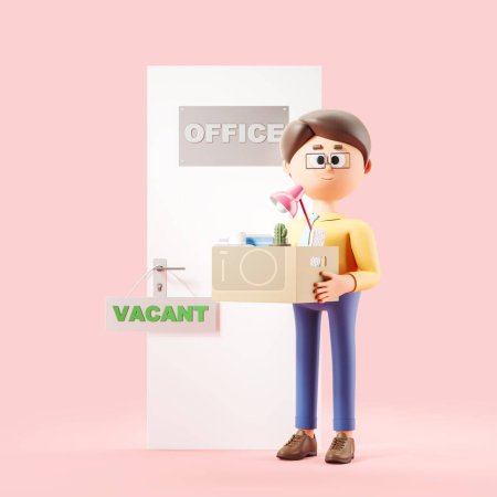 Photo for 3d rendering. Cartoon character man with carton box. Office door with signboard vacant. Concept of new job and success illustration - Royalty Free Image