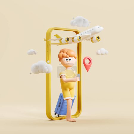 Foto de Renderizado 3d. Hombre personaje de dibujos animados sonriente con maleta y teléfono, geo tag rojo y avión volando. Concepto de viaje e ilustración de billetes en línea - Imagen libre de derechos