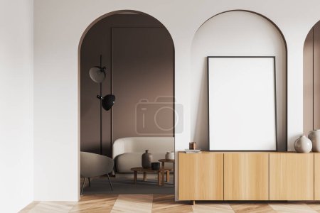 Helles Wohnzimmerinterieur mit Holzschublade und Mock-up-Leinwand Poster und Dekoration. Loungebereich mit Bogenabtrennung, Sofa im Hintergrund. 3D-Rendering