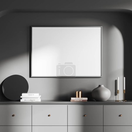 Photo for Dark living room interior with drawer and stylish art decoration with books, minimalist scandinavian design. Mock up canvas poster on grey wall. 3D rendering - Royalty Free Image