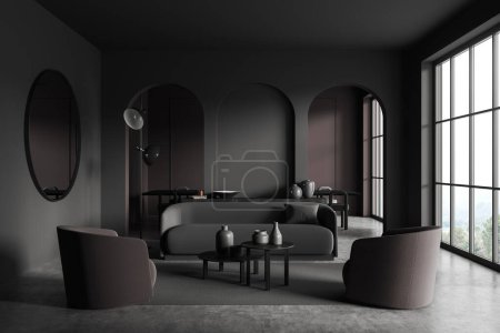 Foto de Interior oscuro de la sala de estar con sofá y sillones, mesa de comedor con sillas detrás de la partición del arco. Ventana panorámica en el campo. Renderizado 3D - Imagen libre de derechos