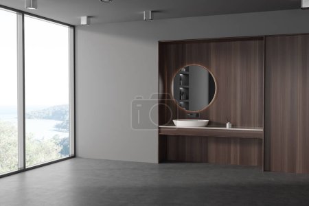 Photo for Dark hotel bathroom interior with sink and panoramic window on countryside, side view. Stylish washbasin and mock up empty wall. 3D rendering - Royalty Free Image