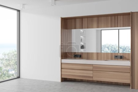 Photo for White hotel bathroom interior with double sink and panoramic window, side view. Modern wooden dresser and mock up empty wall. 3D rendering - Royalty Free Image