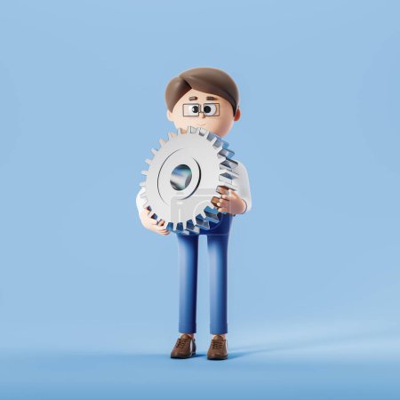 Photo for 3d rendering. Cartoon character man with big gear in hands, blue background. Concept of cooperation, collaboration and teamwork illustration - Royalty Free Image