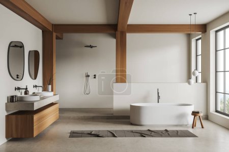 Téléchargez les photos : Intérieur de salle de bain moderne avec murs blancs et en bois, sol en béton, baignoire blanche confortable, deux lavabos ronds avec miroirs et douche à l'italienne. Rendu 3d - en image libre de droit