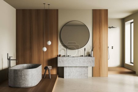 Modern hotel bathroom interior with double sink, bathtub and shower, window and bathing accessories. Stylish bathing area with modern design. 3D rendering