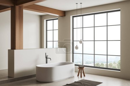 Foto de Acogedor cuarto de baño interior con bañera, taburete con toalla, vista lateral piso de hormigón ligero. Esquina de baño, partición y ventana panorámica en el campo. Renderizado 3D - Imagen libre de derechos