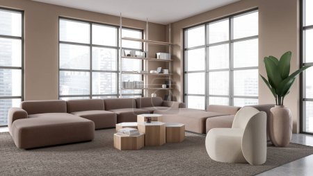 Foto de Interior de la elegante sala de estar con paredes beige, suelo de hormigón, dos sofás marrones, sillón blanco y mesa de centro hexagonal. Ventanas con paisaje urbano borroso. renderizado 3d - Imagen libre de derechos