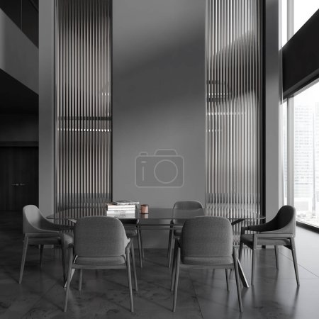Photo for Dark living room interior with glass dinner table and chairs on tile concrete floor. Panoramic window on skyscrapers. Mockup empty grey wall. 3D rendering - Royalty Free Image