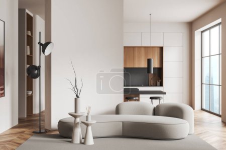 Intérieur du salon moderne avec murs blancs, sol en bois, canapé blanc confortable et cuisine avec armoires en bois et bar en arrière-plan. Rendu 3d