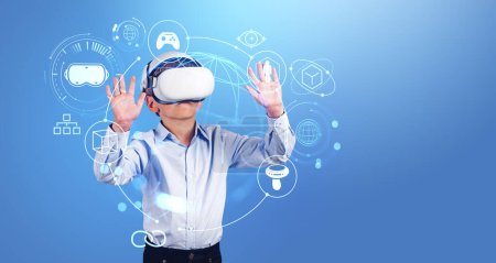 Child in vr headset hands touching cyberspace hologram, metaverse helpdesk with glowing icons and services. Concept of immersive futuristic technology
